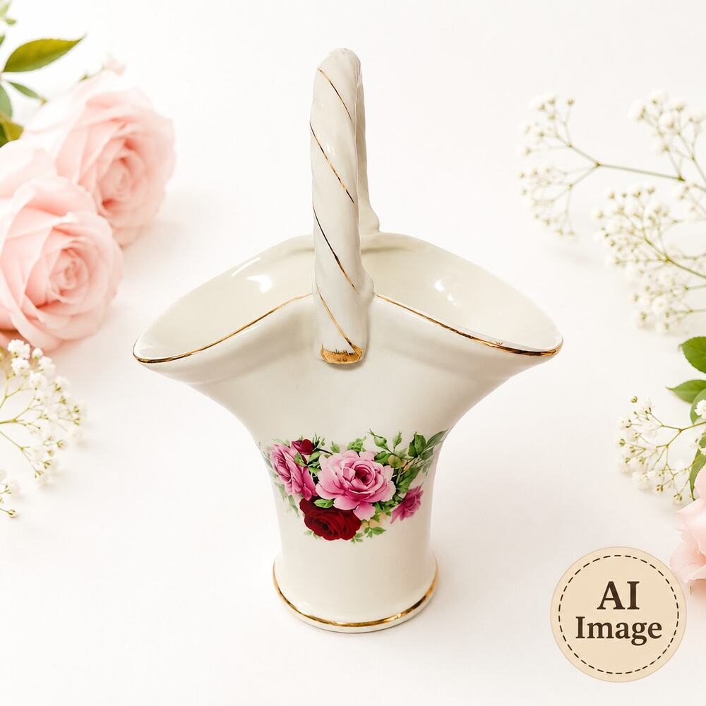 🩷💐Ceramic Basket Vase Floral Pink Rose Gold Accent Decor Formalities Style
